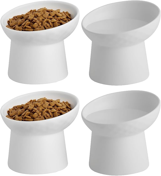 4 Pcs Small Ceramic Raised Cat Bowls, Tilted Elevated Food or Water Bowls, Stress Free, Backflow Prevention, Dishwasher and Microwave Safe, Lead & Cadmium Free(4pc White)-PurrikoPets