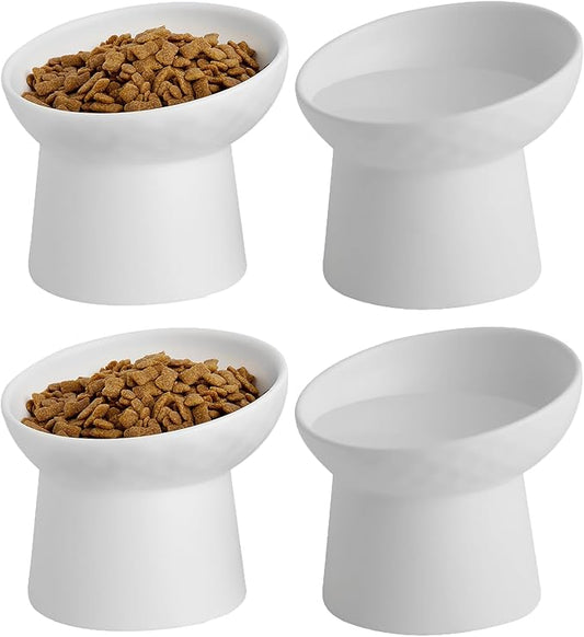 4 Pcs Small Ceramic Raised Cat Bowls, Tilted Elevated Food or Water Bowls, Stress Free, Backflow Prevention, Dishwasher and Microwave Safe, Lead & Cadmium Free(4pc White)-PurrikoPets