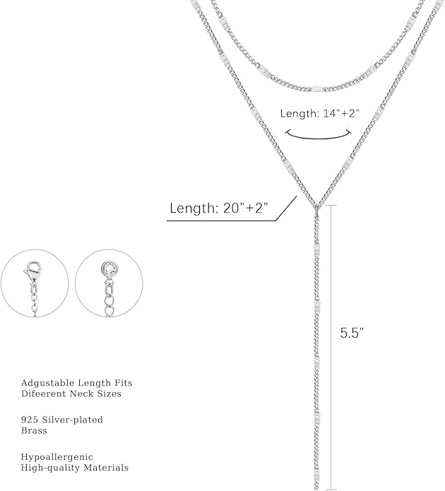 Lariat Silver/Gold Necklace for Women 925 Silver/14K Gold Plated Dainty Long Necklace Y-Shaped Drop Pendant Necklaces Choker Trendy Chain Simple Layered Necklaces CZ Jewelry for Women Set Gift