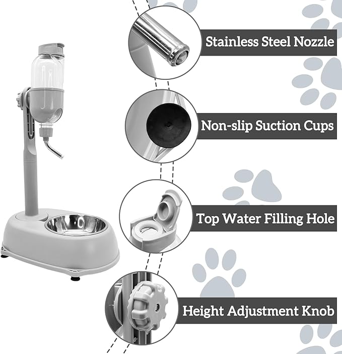 Fhiny Dog Water Feeder Bottle with Stand, Dispenser Automatic Water Food Bowl for Cage Leak-Proof No-Drip Adjustable Raised Pet Slow Water Bottle Dog Kennel Durable Drinker Container-PurrikoPets