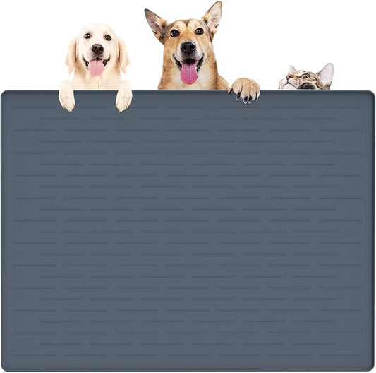 39.4"x29.5" Largest Pet Food Mat, Silicone Dog Mats for Food and Water, Nonslip Pet Feeding Mats for Floors,Dog Cat Bowl Mat with Raised Edges, Gray Blue-PurrikoPets
