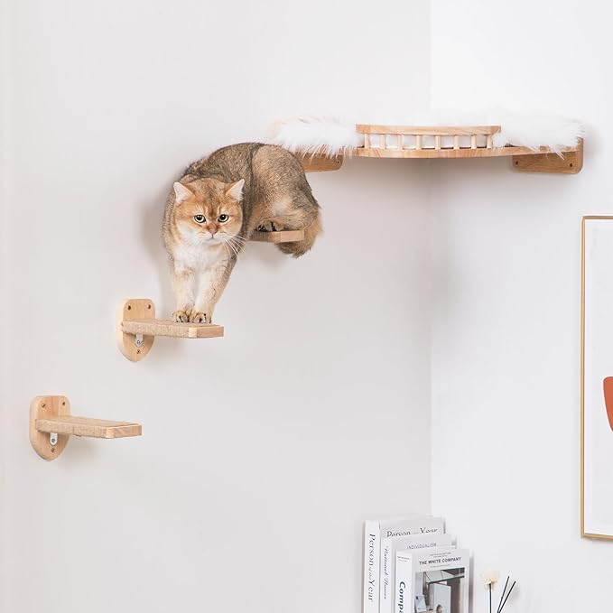 3pcs Cat Wall Steps, Climbing Mounted Furniture, Shelves With Hemp Rope Covered, Solid Wood Ladder for Playing and Climbing (Large-Wood)-PurrikoPets