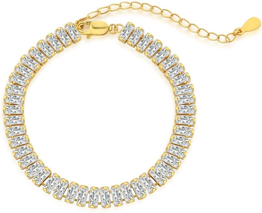 Solid Gold over S925 Sterling Silver Rectangle Cut Moissanite Tennis Bracelet, Geometric Adjustable Link Design, Trendy Gift for Fashion-Forward Women