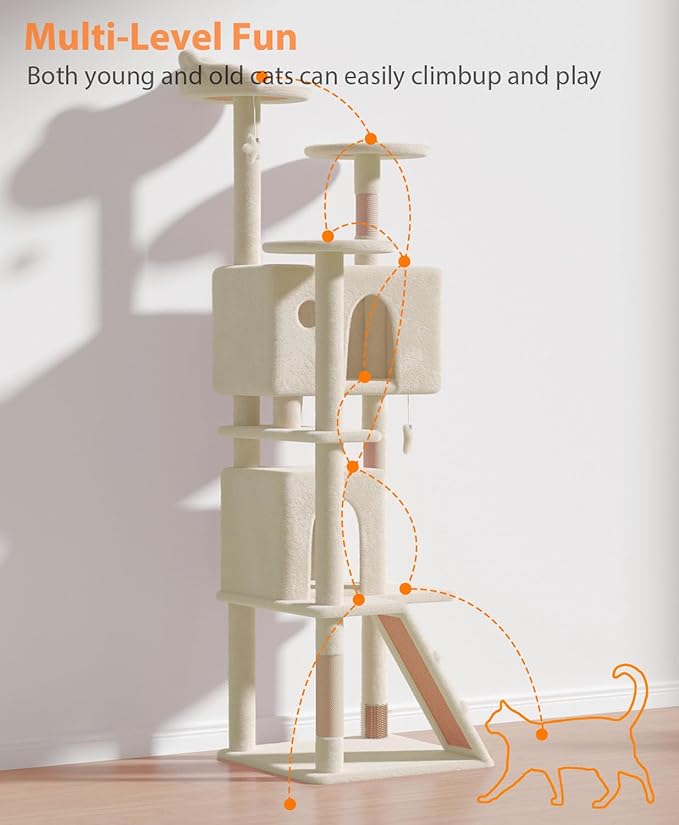 77'' Cat Tree Tower for Indoor Cats Large Adult, Cute/Tall Modern Cat Tree for Big Cats 20 lbs, Plush Multi-Level Cat Condo with Scratching Posts, Dangling Ball for Fun Play (Beige, 77 inch)-PurrikoPets