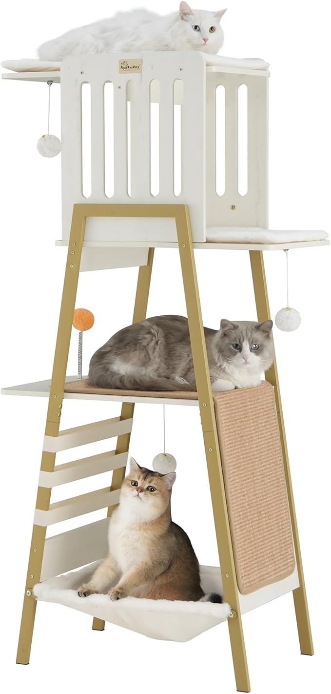 FourFurPets Modern Cat Tree, 58-Inch Cat Tower for Large Cats, Maine Coon Cat Tree with Scratching Board, Large Perch, Hammock and Removable Pads, White-PurrikoPets