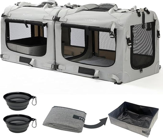 Extra Large Cat Carrier Soft Sided, Portable Small Dog Carrier for 2 Cats, 24"x16.5"x16" Car Travel Folding Comfortable Design with Litter Box and Bowls, Grey-2+ Litter Box+ Bowl*2-PurrikoPets