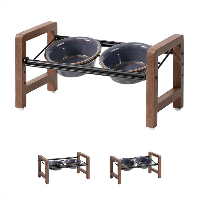 6.3inch Ceramic Adjustable Raised Double Bowls Set with Stand, 3 Heights Elevated, 2 Placement Options,Food and Water Bowls for Adult Cat Small and Medium Dog(Reactived Glaze -Grey)-PurrikoPets