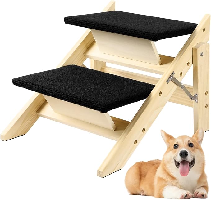 Foldable Dog Stairs/Ramp with 2 Steps - Durable Wooden Pet Stairs for Small, Medium, Large Dogs - Black (No Assembly Required)-PurrikoPets