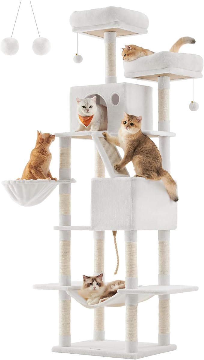 Feandrea Cat Tree, 81.1-Inch Large Cat Tower with 13 Scratching Posts, 2 Perches, 2 Caves, Basket, Hammock, Pompoms, Multi-Level Plush Cat Condo for Indoor Cats, Cream White UPCT190T01-PurrikoPets