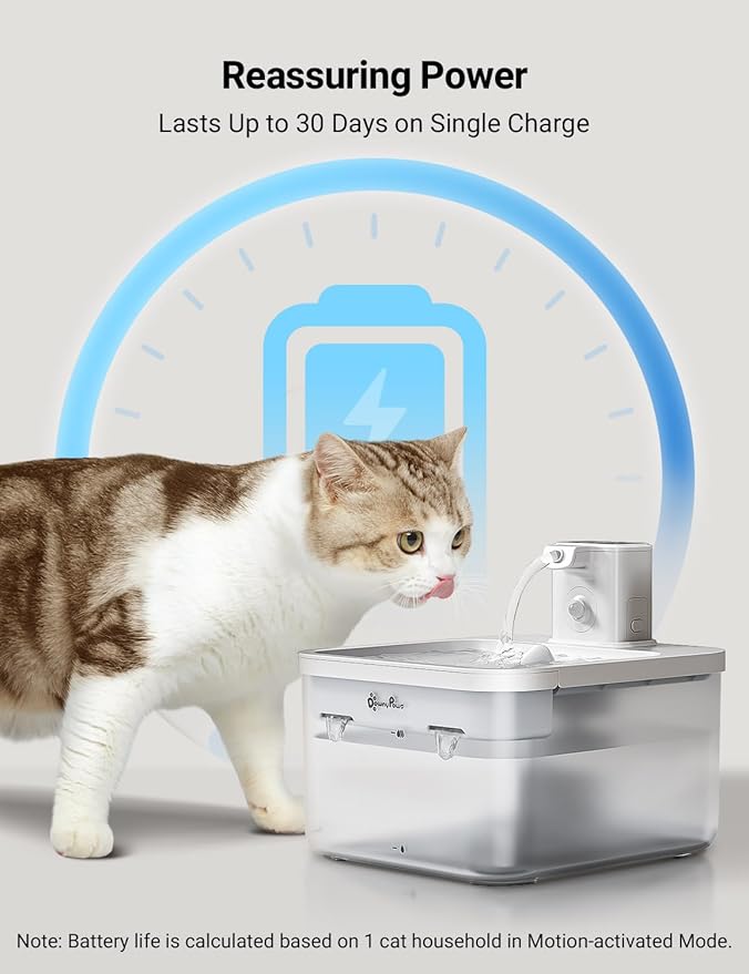 DownyPaws Battery Operated Cat Water Fountain, 84oz/2.5L Fursink Wireless Pet Water Fountain for Cats Inside, Automatic Dog Water Dispenser with Motion Sensor, Ultra Quiet Pump, BPA-Free, White-PurrikoPets
