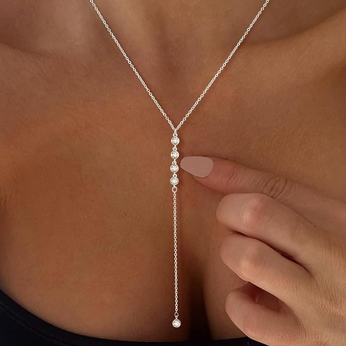 Lariat Silver/Gold Necklace for Women 925 Silver/14K Gold Plated Dainty Long Necklace Y-Shaped Drop Pendant Necklaces Choker Trendy Chain Simple Layered Necklaces CZ Jewelry for Women Set Gift