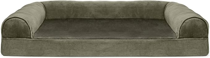 Furhaven Orthopedic Dog Bed for Large/Medium Dogs w/ Removable Bolsters & Washable Cover, For Dogs Up to 55 lbs - Faux Fur & Velvet Sofa - Dark Sage, Large-PurrikoPets