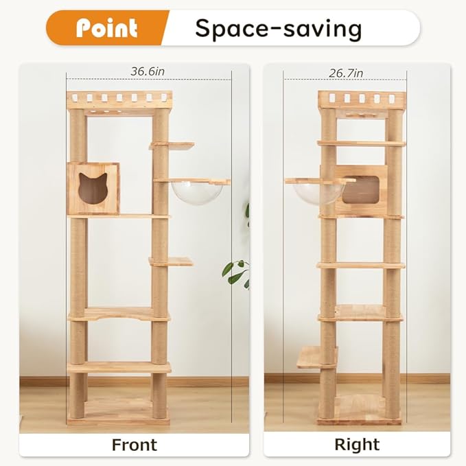 74.8" Wooden Cat Tree Tower for Large Cats, Multi-Level Cat Climbing Furniture with Scratching Posts, Cat Condo & Hammock, Natural Wood Cat Activity Center (Brown)-PurrikoPets