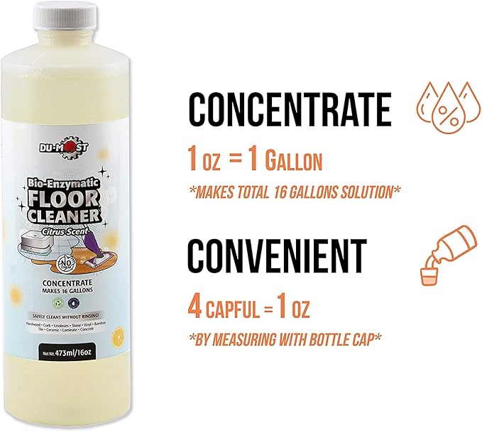 DU-MOST Enzymatic Floor Cleaner Concentrate (1 Oz Makes 1 Gal), No, Streak, No Rinsing, Kids & Pets Safe, Hard Surface Floors, Citrus Scent, 16 Fl Oz-PurrikoPets
