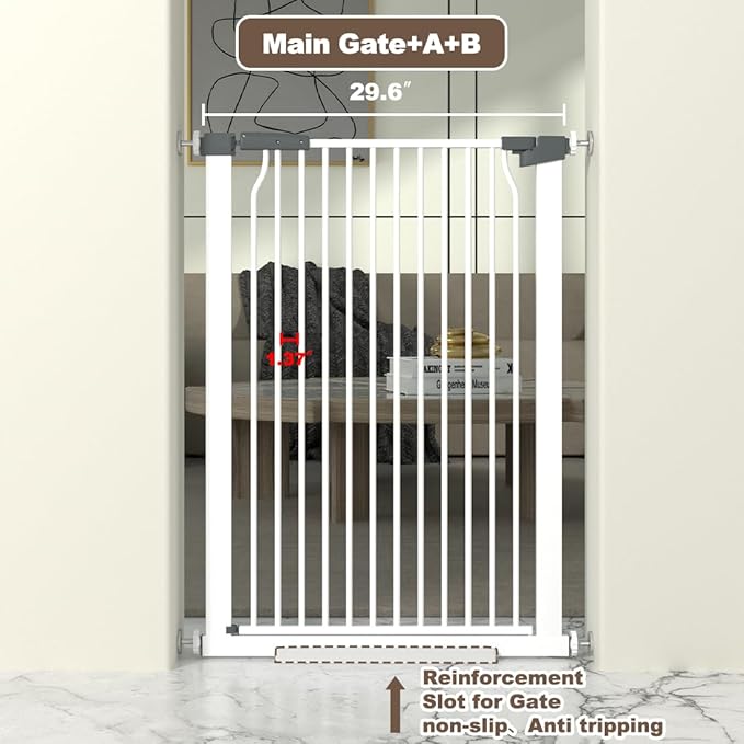 41" Extra Tall Cat Gate for Doorway, 29.6-32.5''W Metal Pet Baby Safe Gate, Extra Wide Pressure Mounted Baby Gate, No Drilling Cat Fence Indoor, Tall Dog Gate, White-PurrikoPets