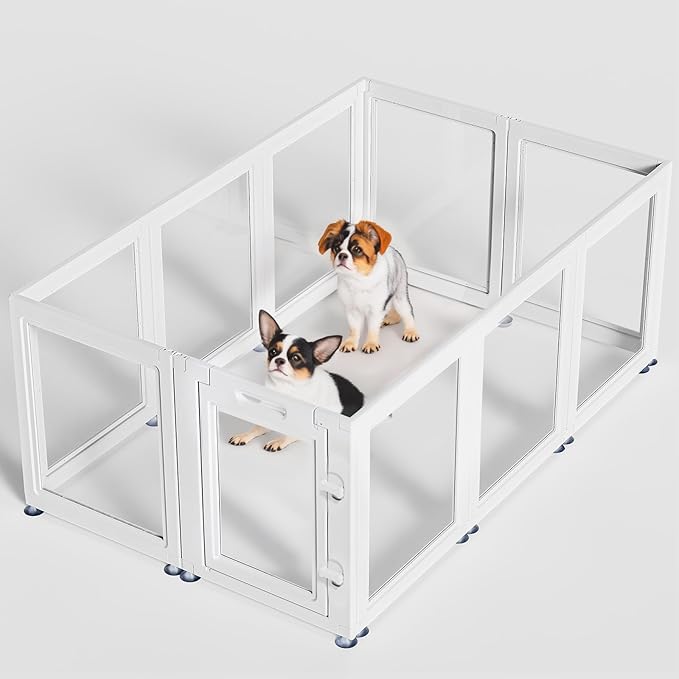 Dog Playpen Transparent Puppy Playpen Indoor, Easy Assemble & Disassemble Clear Pet Playpen, Sturdy & Easy Cleaning Plastic Dog Fence with Suction Cup (23.6"" H, 10PCS), White-PurrikoPets