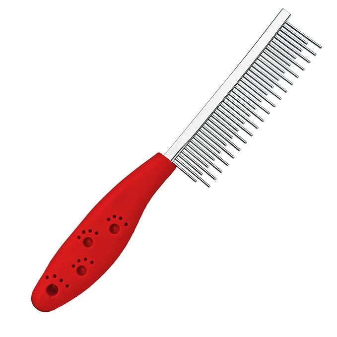 Dog or Cat Comb Grooming with Short and Long Teeth Dematting Knots Tangles Remover Combs Detangler Tool Suitable for Dogs Cats Poodle HorseStainless Steel Pin (Red)-PurrikoPets