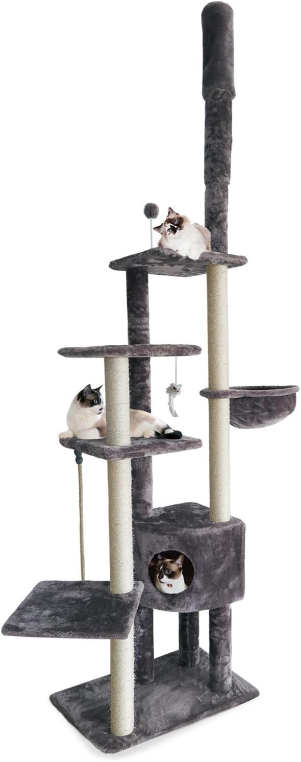 Furhaven 100"-113" Tall Cat Tree for Indoor Cats w/ Adjustable Height, Ft. Sisal Scratching Posts, Condo, & Toys - Tiger Tough Skyscraper Interactive Playground Tower - Gray, One Size-PurrikoPets