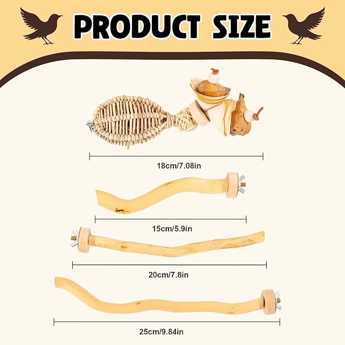 3Pcs Bird Toys Perch Stand for Cage, Natural Parrot Toys, Small Chewing Sticks Toys Bird Cage Accessories for Conures Parakeets Cockatoo African Grey Parrots (3PCS)-PurrikoPets