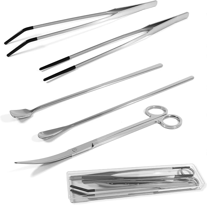 5 Pcs Reptile Feeding Tools Set with Silicone Tips - Extra Long Straight&Curved Tongs, Spoons, Scissors - Stainless Steel Terrarium Feeder Kit for Bearded Dragons, Lizards, Snake, Spiders, Aquarium-PurrikoPets
