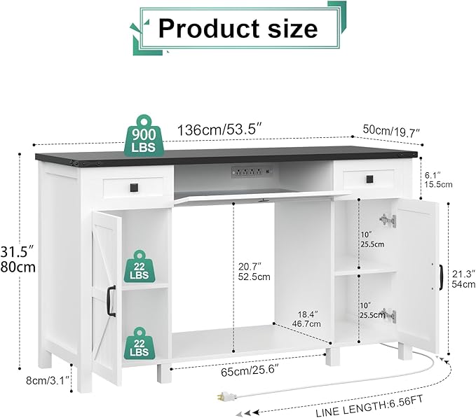55-75 Gallon Aquarium Stand With Charging Station, Farmhouse Fish Tank Stand, Reptile Tank Stand Terrarium Stand with Drawer and Cabinet Storage, Sturdy Heavy Duty 53.5"×19.7" Tabletop - White-PurrikoPets