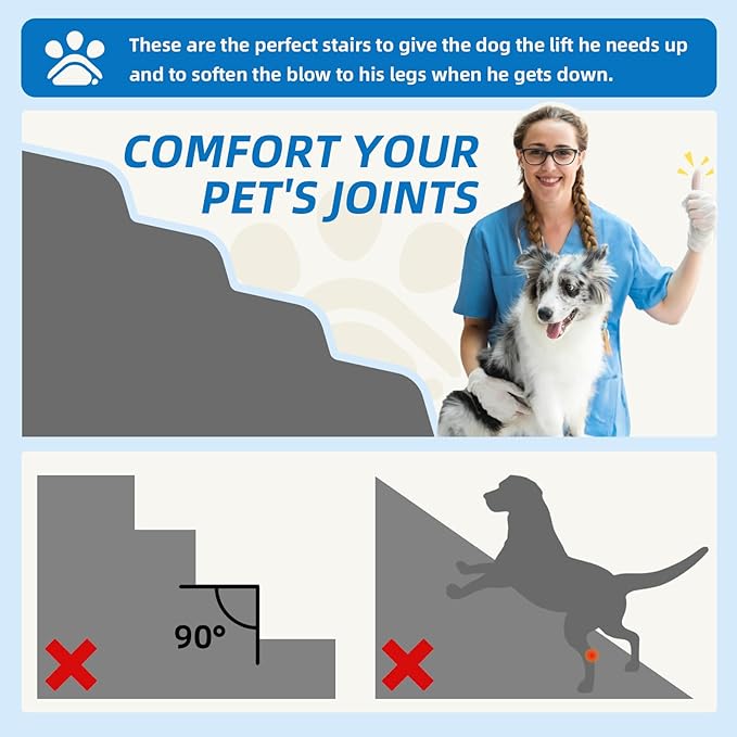 Dog Stairs 4 Steps for Small Dogs and Cats to Get on High Beds, Couch or Car, Pets Can Climb, Sit, Lie Down or Perch to Look Out Windows on The Spliceable Ramp, Provides Support, Grey（19" H）-PurrikoPets