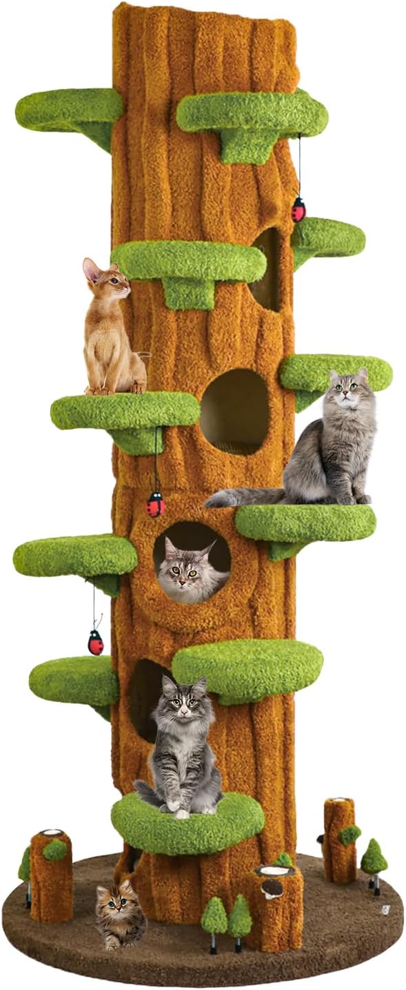 90.5'' Luxury Cat Tree for Indoor Cats, All-in-One Tall Cat Tower with Scratching Post, Multi-Level House, Wood Condo for Multi-Cat Families (Green)-PurrikoPets