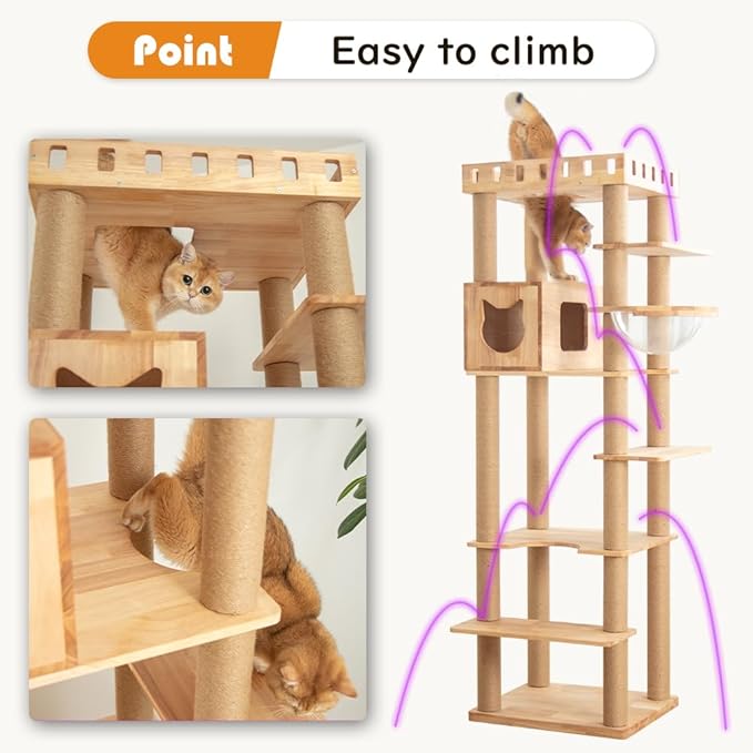 74.8" Wooden Cat Tree Tower for Large Cats, Multi-Level Cat Climbing Furniture with Scratching Posts, Cat Condo & Hammock, Natural Wood Cat Activity Center (Brown)-PurrikoPets
