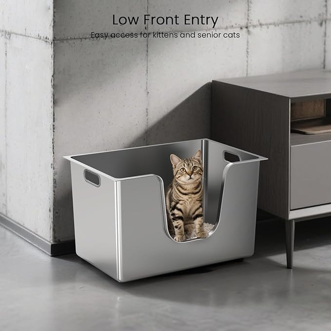 Enclosed Stainless Steel Cat Litter Box 13.8” High Sides, Extra Large Litter Box for Big Cats, XL Metal Kitty Litter Pan Pet Toilet with Wheels for Easy Mobility, Anti-Leakage, Non-Sticky, Easy Clean-PurrikoPets