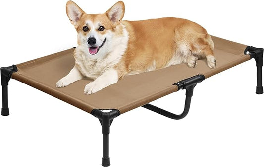 Elevated Dog Bed for Medium Dogs, Outdoor Cooling Raised Dog Beds Washable Pet Cot with Removable Mesh, Lifted Pets Hammock with Frame, Easy to Assemble, Brown, M-PurrikoPets