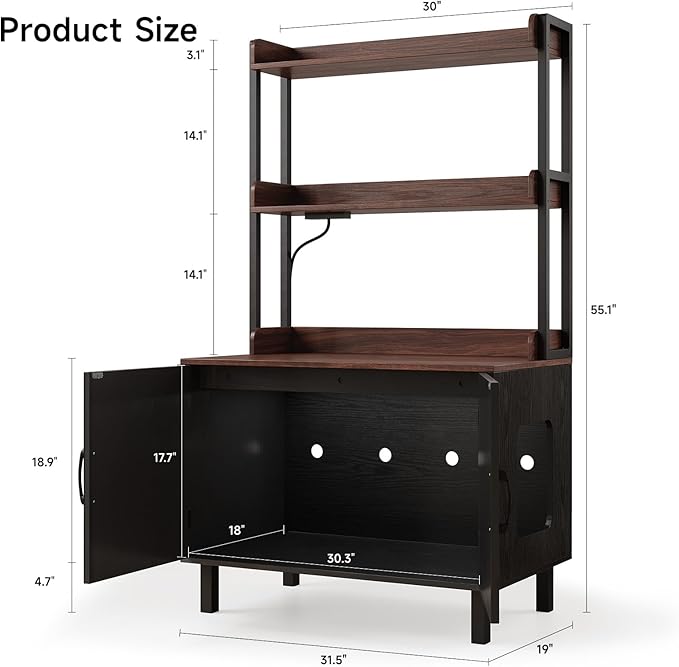 55 Inches Cat Litter Box Enclosure, Hidden Litter Box Furniture with 2 Storage Shelves and Charging Sockets, Wooden Cat House, Large Indoor Cabinet for Living Room & Entryway, Black-PurrikoPets