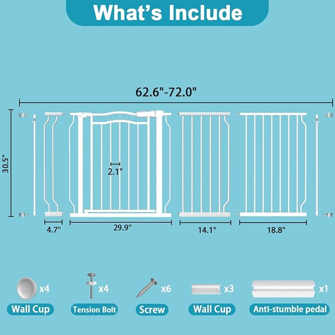 Extra Wide Dog Gate for Doorways 62.6-72 in, Walk Through Long Baby Gates for Large Openings, No Drill Child Safety Gate for Pets Kids Toddler, Doggy Barrier Indoor Metal, 30" Tall White-PurrikoPets