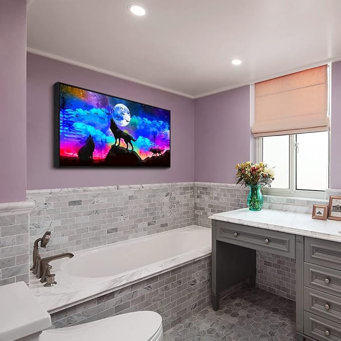 Framed Canvas Wolf Landscape Painting Canvas Wall Art For Living Room Bathroom Wall Decor For Bedroom Kitchen Artwork Canvas Art Prints Modern Office Home Decorations Blue Starry Sky Hang Pictures-PurrikoPets