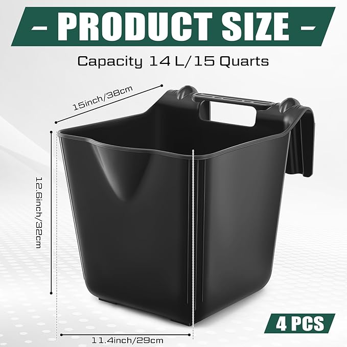 4 Pack 15 Quart Horse Feeders for Stall Hook Over Hanging Fence Hay Feeder Mountable Livestock Plastic Feed Bucket for Farm Stalls Pasture, Stable to Feed Horses Sheep Cattle Cows Etc(Black)-PurrikoPets