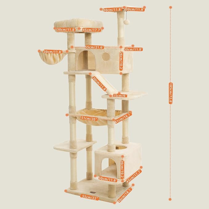 73 inches Large Cat Tree for Indoor Cats, Tall Cat Tower with Sisal Scratching Posts and Pads, Padded Plush Perch, Cozy Basket, Plush Condo for Large Cats (Beige)-PurrikoPets