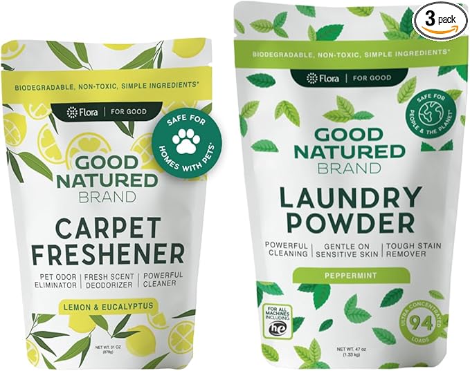 Good Natured Brand | Laundry Bundle | Carpet Freshener Lemon & Eucalyptus 31oz | Pet-Friendly Carpet Deodorizer | Laundry Powder Peppermint 47oz | Hypoallergenic Laundry Powder 94 Loads-PurrikoPets