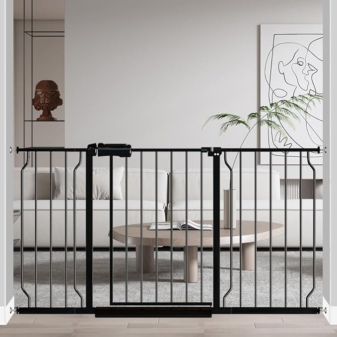 Fairy Baby Extra Wide Baby Gate Black 53-57.5 Inch Wide, Walk Through Pressure Mounted No Drill, Long and Large Tension Gate for Pet and Kids-PurrikoPets