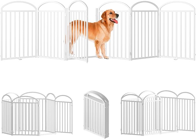 6 Panles Full Matel Freestanding Dog Gates with Door, 144"Extra Wide 32"Tall Free Standing Dog Pet Gate for Indoor & Outdoor. Foldable Pet Fences for Doorways, House, Stairs, Porch, Deck, Yard-PurrikoPets