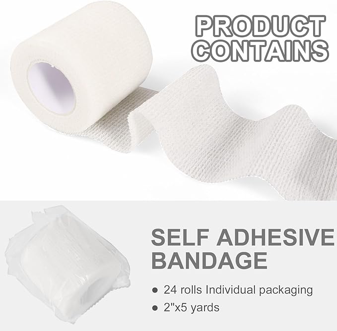 24 Pack Self Adhesive Bandage Wrap 2 Inch, White Medical Tape Elastic Cohesive Bandage Rolls Self Adherent, Self Sticking Tape First Aid Gauze for Sports, Leg, Knee, Ankle, Swelling, Wrist Sprains-PurrikoPets