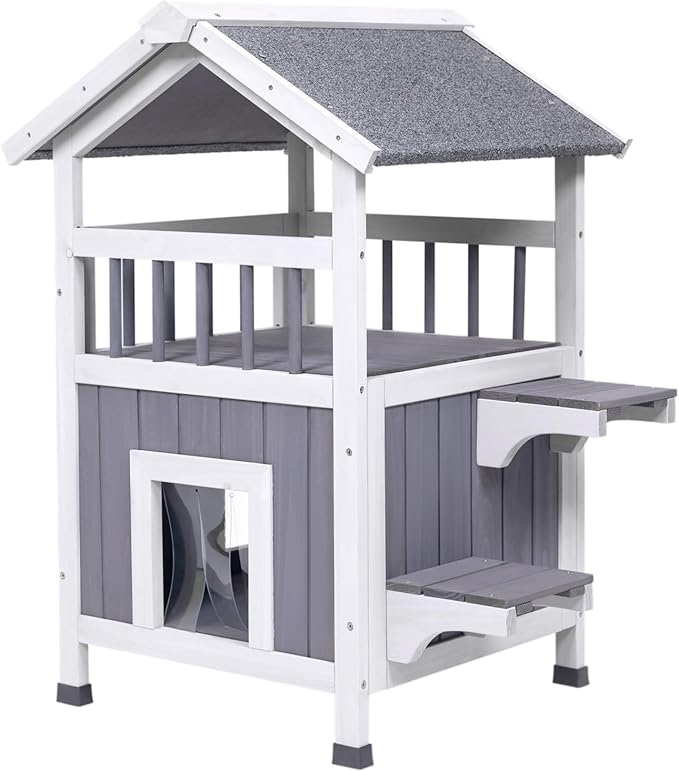 GEGURI Outdoor Cat House Weatherproof, Wooden Two-Story Feral Cat Shelter with, Escape Door, Balcony-PurrikoPets