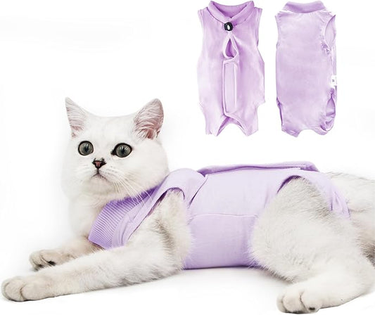 DOTON Cat Recovery Suit for Male and Female Surgical Post Surgery Soft Cone Onesie Shirt Clothes Neuter Licking Protective Diapers Outfit Cover Kitten Spay Collar(S, Purple)-PurrikoPets