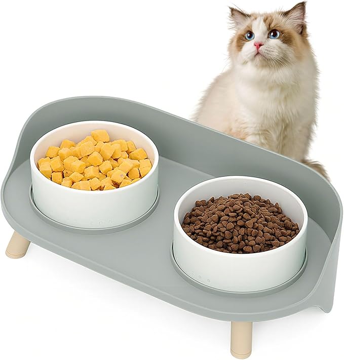 Elevated Dog Bowls Set, Ceramic Pet Food & Water Bowls with Non-Slip Stand, No Spill Design for Cats/Small Medium Dogs Gray-PurrikoPets