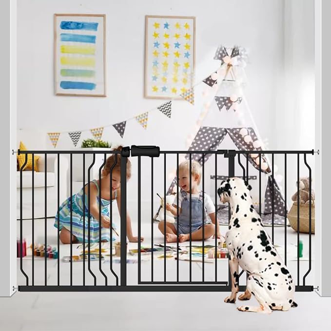 Fairy Baby Walk Through Baby Gate 38.5-43.5 Inch Wide, Pressure Mounted Safety Gate with Door No Drill, Black Tension Metal Gate for Dog and Toddler-PurrikoPets