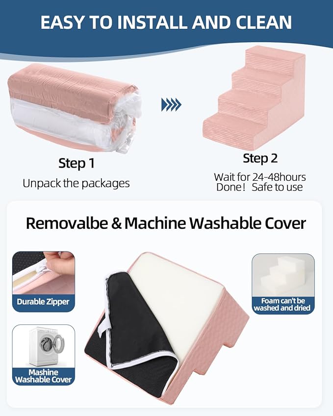 Dog Stairs for Small Dogs,17.5" H,4-Step Dog Steps for Bed and Couch with High Density Foam,Non-Slip Pet Steps for Doggy and Cat,Pet Stairs with a Washable Cover,Pink-PurrikoPets