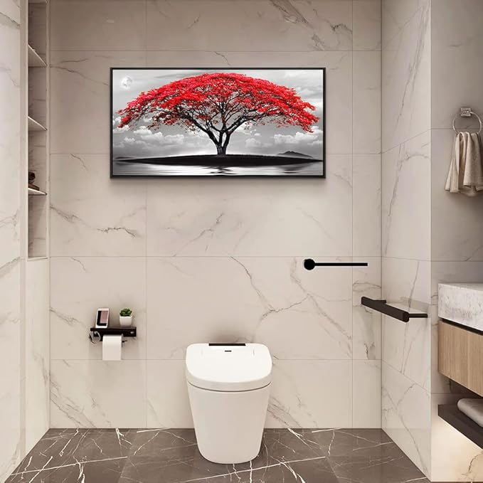 Framed Canvas Wall Art For Living Room Bathroom Wall Decor Black And White Landscape Red Tree Moon Scenery Hang Painting Home Decorations For Office Bedroom Kitchen Works Canvas Prints Pictures-PurrikoPets