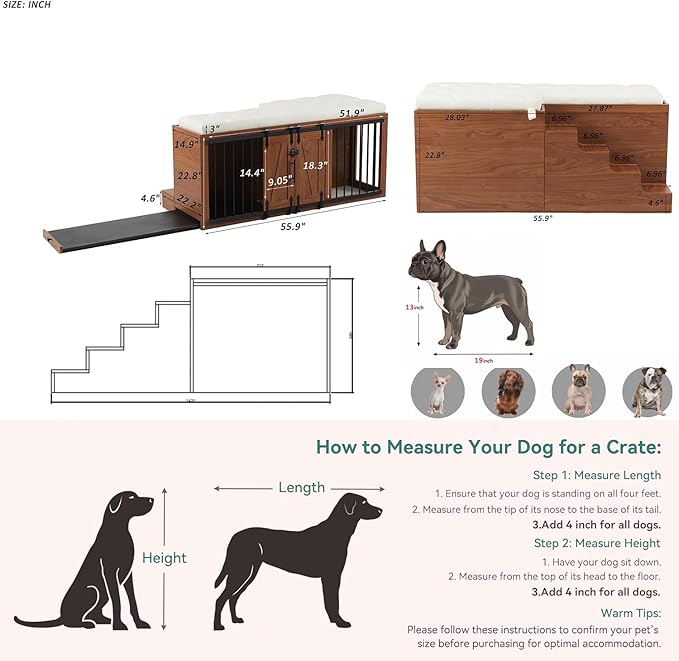56" L Dog Crate Furniture with Padded Seat, End of Bed Bench Ottoman with Cushion, Wooden Dog Kennel with Pet Stairs & Sliding Barn Door for Bedroom, Living Room, Walnut-PurrikoPets