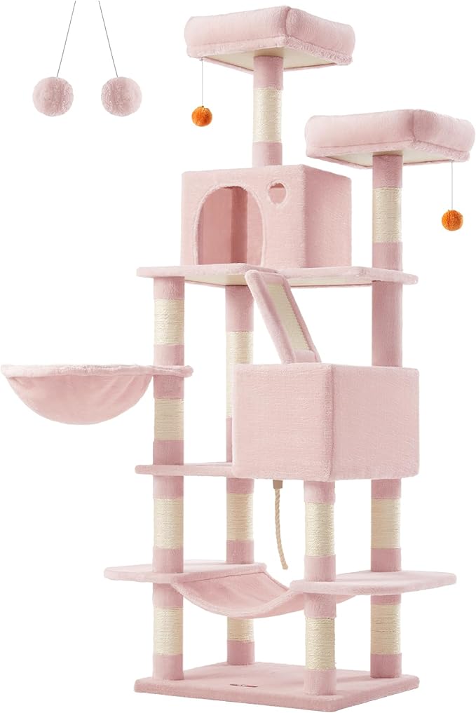 Feandrea Cat Tree, 66.1-Inch Large Cat Tower with 13 Scratching Posts, 2 Perches, 2 Caves, Basket, Hammock, Pompoms, Multi-Level Plush Cat Condo for Indoor Cats, Jelly Pink UPCT165P01-PurrikoPets