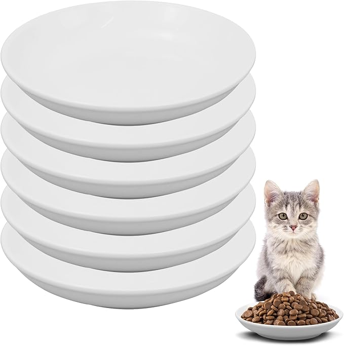 6 Pack Cat Food Bowl, Ceramic Cat Bowls, Anti Whisker Fatigue Cats Bowl,5.5 Inches Shallow Wide Kitten Plates for Food and Water (White)-PurrikoPets