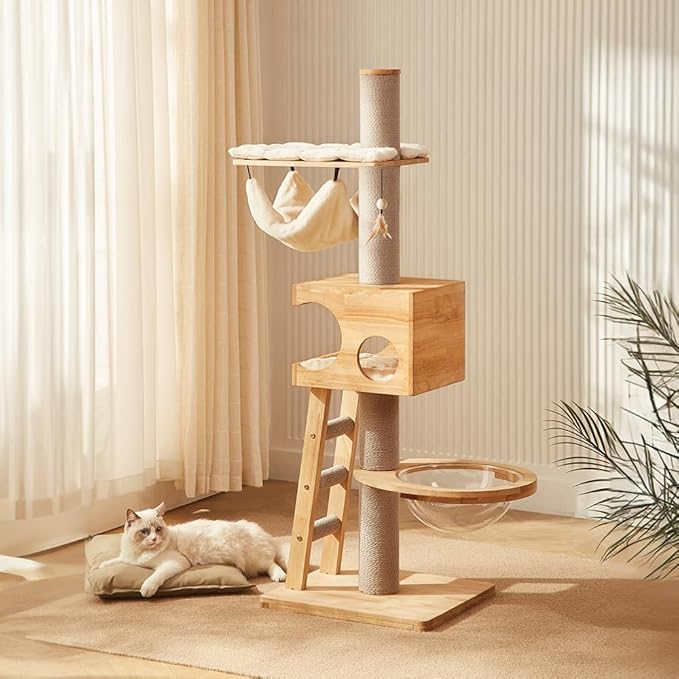 63-inch Modern Cat Tree, Luxury Cat Tower with Scratching Post, Unique Cat Condo with Hammock, Heavy Duty Kitty Climbing Tree for Indoor Cat, Wooden Kitty House for Small Medium Large Cats-PurrikoPets