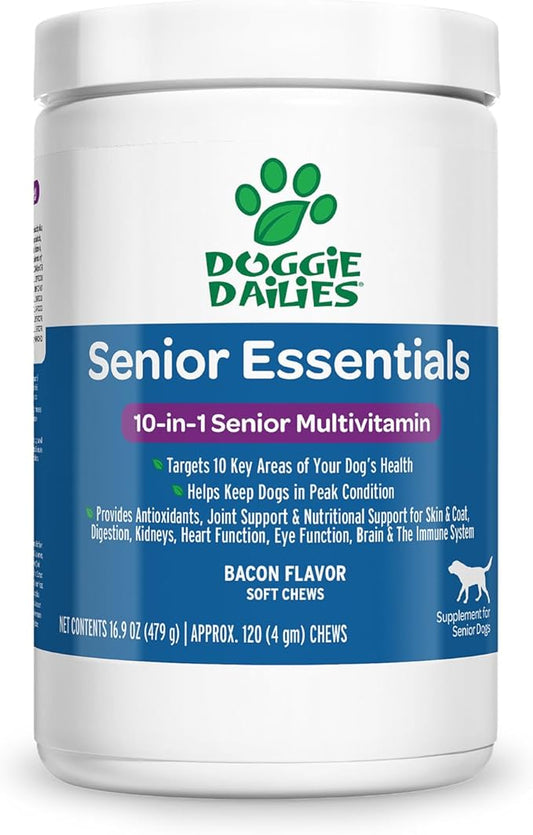 Doggie Dailies Senior Essentials Multivitamin for Dogs Soft Chews | Advanced Dog Multivitamin | Nutritional Support for Joints, Skin & Coat, Digestion, and the Immune System | Bacon Flavor | 120 Count-PurrikoPets